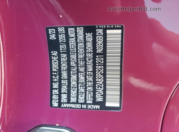 WP0AE2A83PS281201 2023 PORSCHE CAYMAN Фиолетовый Вид наклейки с VIN-кодом