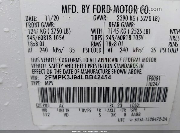 2FMPK3J94LBB42454 2020 FORD EDGE White Vista del compartimento del motor