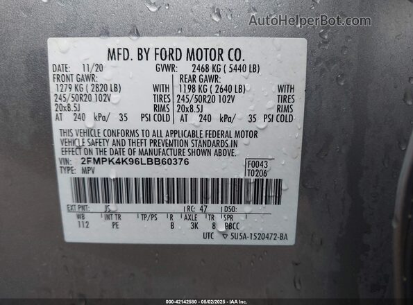 2FMPK4K96LBB60376 2020 FORD EDGE Gray ძრავის განყოფილების ხედი