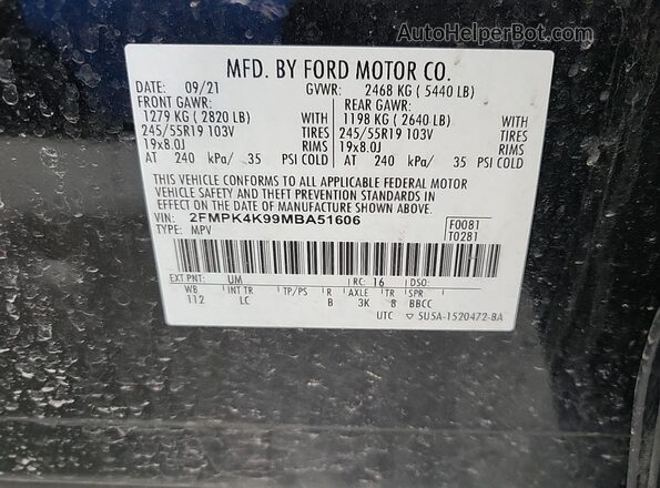2FMPK4K99MBA51606 2021 FORD EDGE  360 interior view