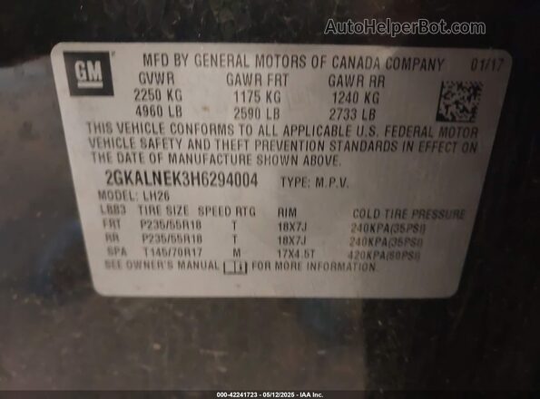 2GKALNEK3H6294004 2017 GMC TERRAIN Black 