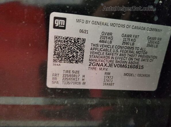 2GNAXJEV0M6160815 2021 CHEVROLET EQUINOX  Вид наклейки с VIN-кодом