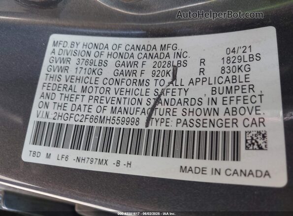 2HGFC2F66MH559998 2021 HONDA CIVIC Gray Вид підкапотного простору