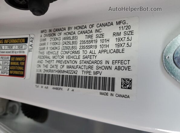2HKRW1H96MH402242 2021 HONDA CR-V White 