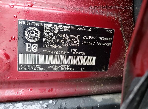 2T3B1RFV2LC109171 2020 TOYOTA LE Red 