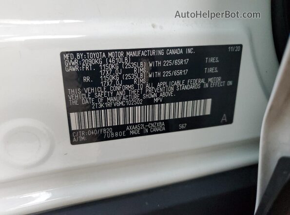2T3K1RFV6MC102502 2021 TOYOTA LE Белый Вид наклейки с VIN-кодом