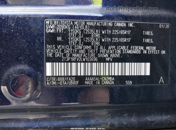 2T3P1RFV2LW103696 2020 TOYOTA LE Dark Blue Շարժիչի բաժամունքի տեսք