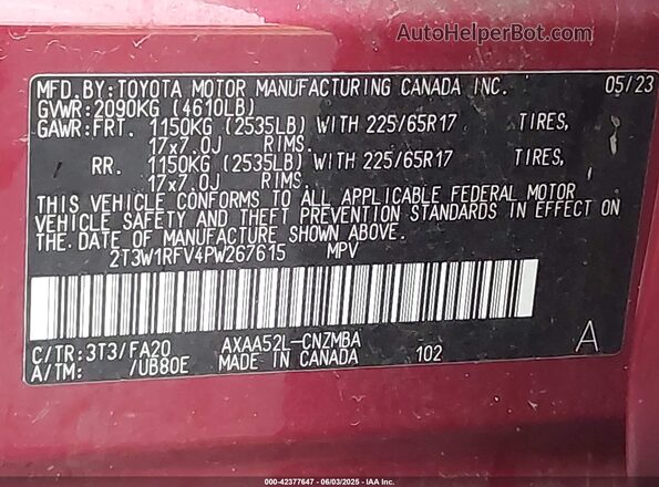 2T3W1RFV4PW267615 2023 TOYOTA LE Red Widok komory silnika
