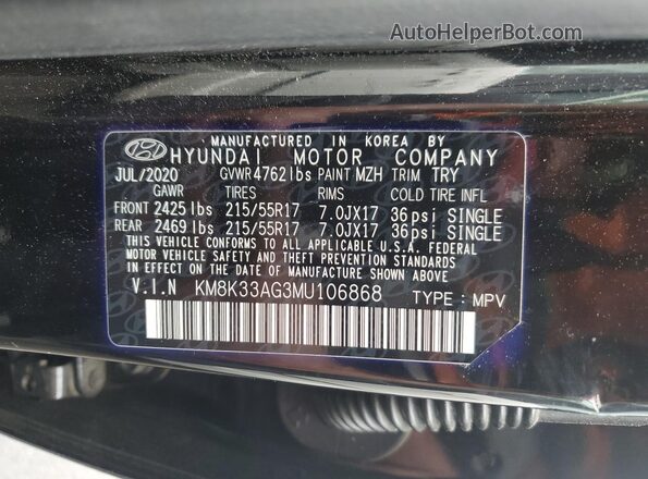 KM8K33AG3MU106868 2021 HYUNDAI KONA Black Widok komory silnika