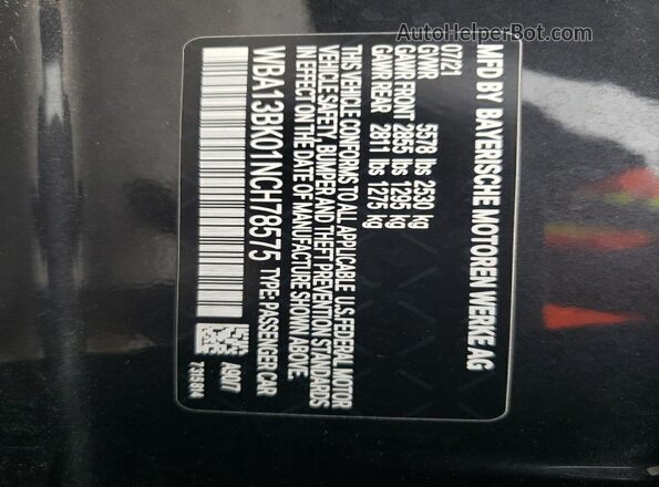 WBA13BK01NCH78575 2022 BMW M5 Black VIN sticker view