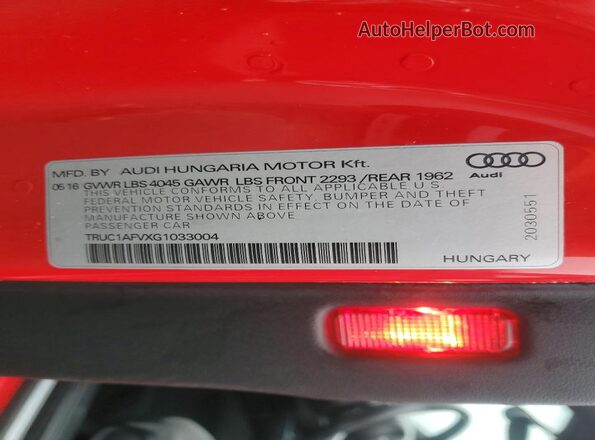 TRUC1AFVXG1033004 2016 AUDI TT Red Widok komory silnika