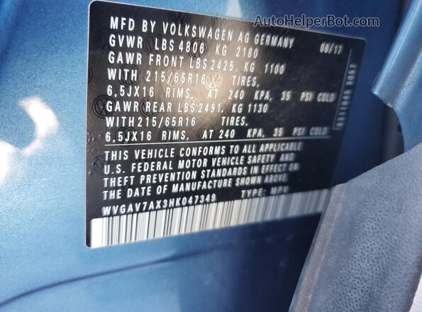 WVGAV7AX3HK047349 2017 VOLKSWAGEN TIGUAN Синий 