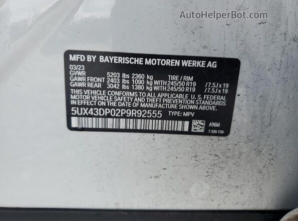 5UX43DP02P9R92555 2023 BMW X3 White 