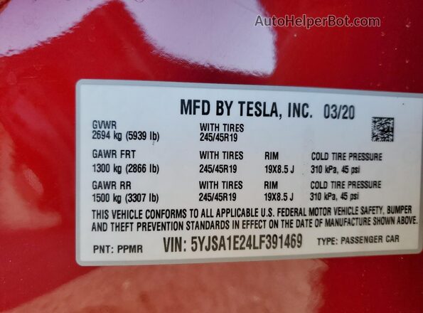 5YJSA1E24LF391469 2020 TESLA MODEL Красный Вид подкапотного пространства