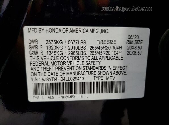 5J8YD4H04LL029413 2020 ACURA MDX Black 