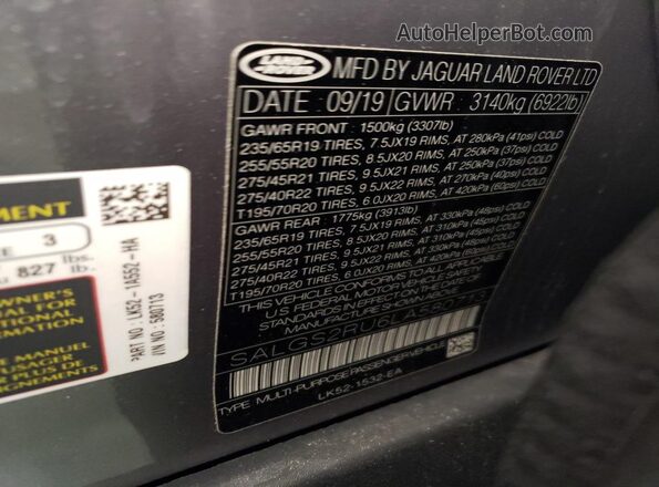 SALGS2RU6LA580713 2020 LAND ROVER RANGE Gray Widok naklejki z numerem VIN