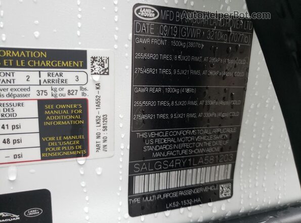 SALGS4RY1LA581203 2020 LAND ROVER RANGE White VIN կոդի պիտակի տեսք