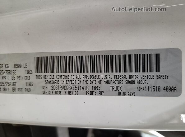 3C6TRVCG6KE511416 2019 RAM PROMASTER 2500 White 