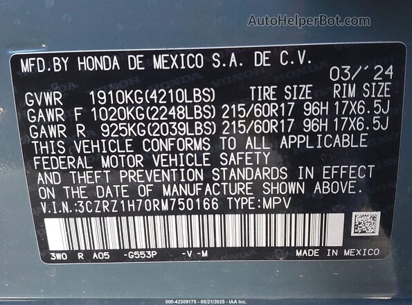 3CZRZ1H70RM750166 2024 HONDA HR-V Green 