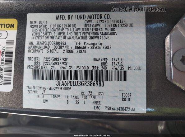 3FA6P0LU3GR386983 2016 FORD FUSION HYBRID Black ძრავის განყოფილების ხედი