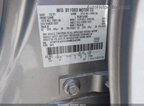 3FMTK4SX3MME04398 2021 FORD MUSTANG MACH-E Silver Engine compartment view
