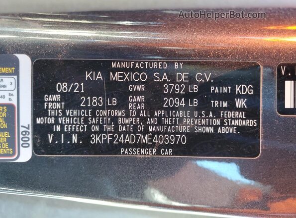 3KPF24AD7ME403970 2021 KIA FORTE Gray Շարժիչի բաժամունքի տեսք