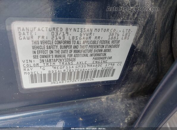 3N1AB7AP2KY328406 2019 NISSAN SENTRA Синий Вид подкапотного пространства