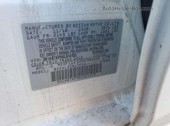 3N1AB7AP9KL614153 2019 NISSAN SENTRA White VIN კოდის სტიკერის ხედი