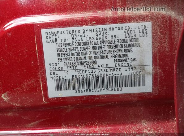 3N1AB8CV3MY262680 2021 NISSAN SENTRA Burgundy Widok komory silnika