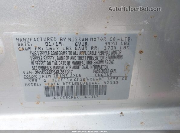 3N1CE2CP6KL361017 2019 NISSAN VERSA NOTE Silver Вид підкапотного простору