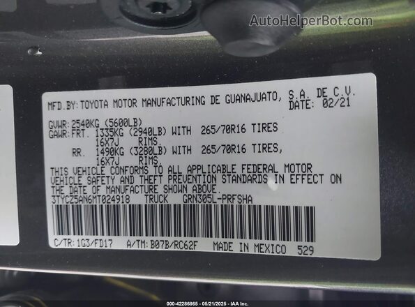 3TYCZ5AN6MT024918 2021 TOYOTA TACOMA Gray ძრავის განყოფილების ხედი