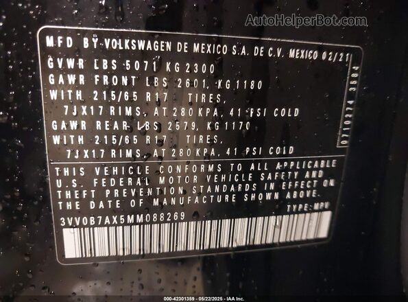 3VV0B7AX5MM088269 2021 VOLKSWAGEN TIGUAN Black Շարժիչի բաժամունքի տեսք