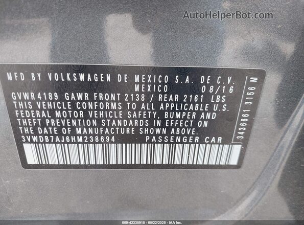 3VWDB7AJ6HM238694 2017 VOLKSWAGEN JETTA Gray ძრავის განყოფილების ხედი