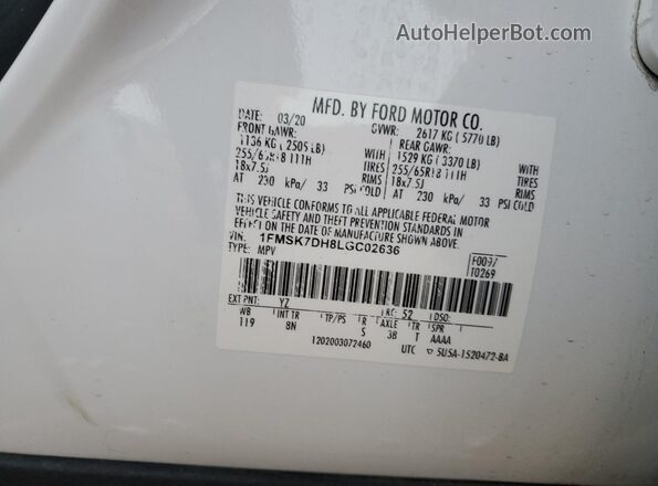 1FMSK7DH8LGC02636 2020 FORD FORD EXPLORER White Вид наклейки з VIN-кодом