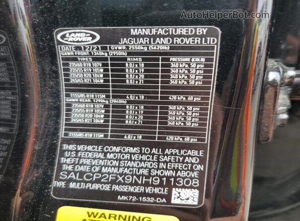 SALCP2FX9NH911308 2022 LAND ROVER DISCOVERY Black VIN კოდის სტიკერის ხედი