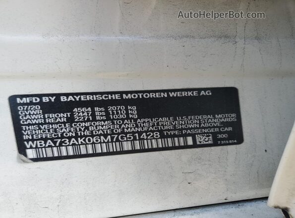 WBA73AK06M7G51428 2021 BMW 2 SERIES White VIN კოდის სტიკერის ხედი