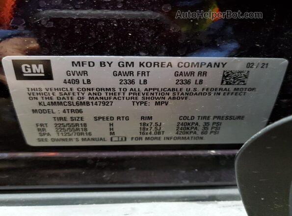 KL4MMCSL6MB147927 2021 BUICK ENCORE Purple Widok naklejki z numerem VIN