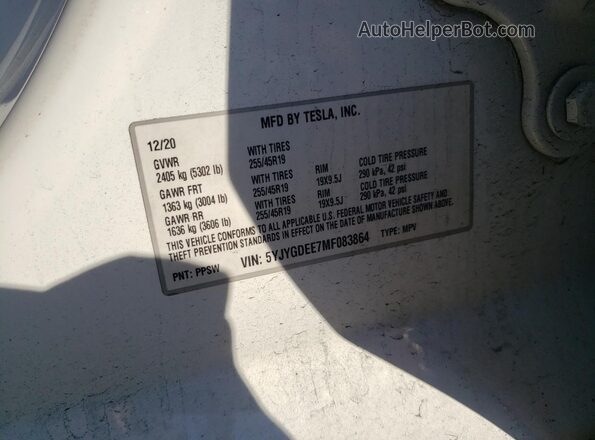 5YJYGDEE7MF083864 2021 TESLA MODEL Белый Вид наклейки с VIN-кодом
