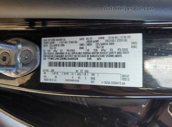 1FMCU9CZ8MUA40028 2021 FORD ESCAPE Black VIN sticker view