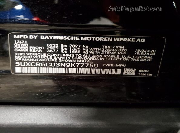 5UXCR6C03N9K77759 2022 BMW X5 Black 