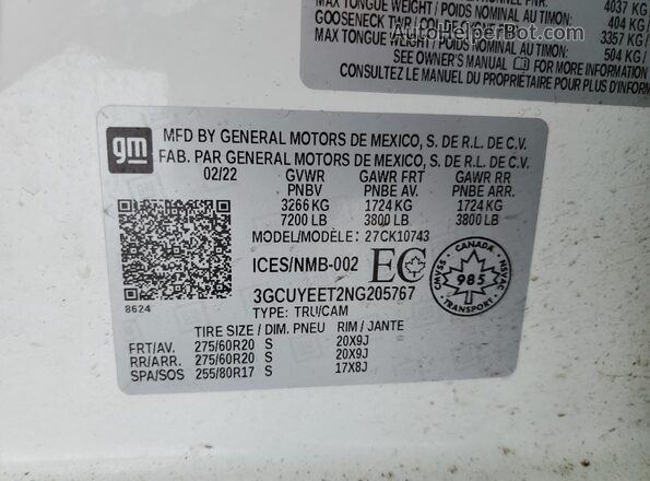 3GCUYEET2NG205767 2022 CHEVROLET SILVERADO White 