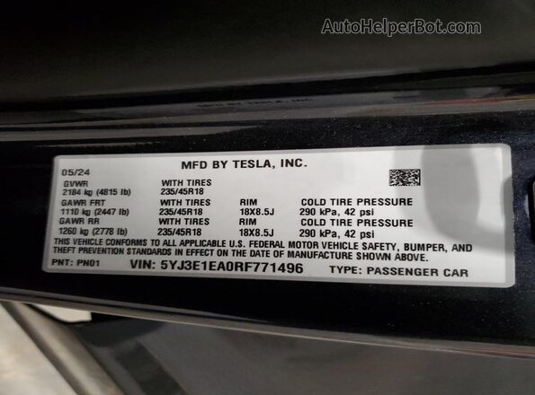 5YJ3E1EA0RF771496 2024 TESLA MODEL Charcoal ძრავის განყოფილების ხედი