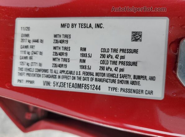5YJ3E1EA0MF851244 2021 TESLA MODEL Red 