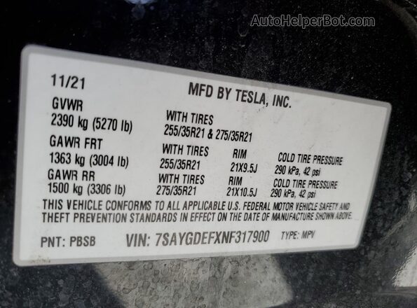 7SAYGDEFXNF317900 2022 TESLA MODEL Black VIN sticker view