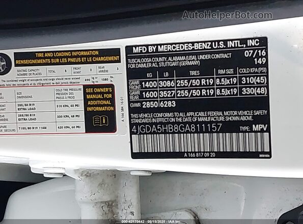 4JGDA5HB8GA811157 2016 MERCEDES-BENZ GLE 350 Белый 