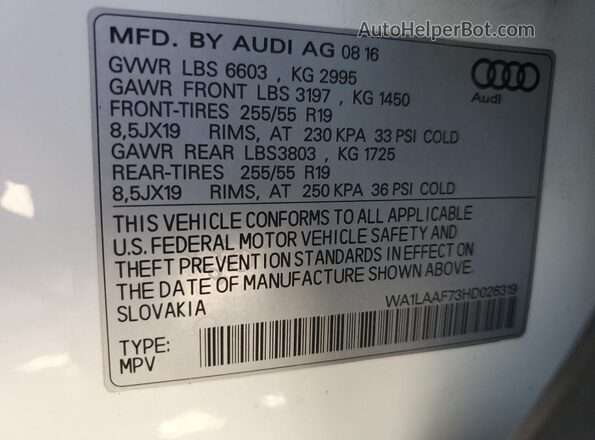 WA1LAAF73HD026319 2017 AUDI Q7 White 