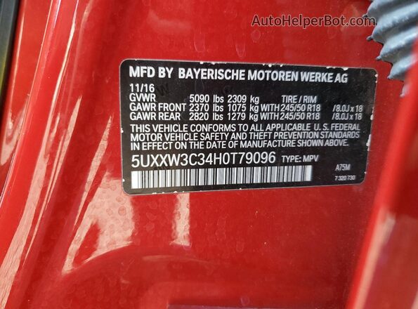 5UXXW3C34H0T79096 2017 BMW X4 Красный 