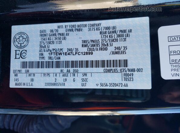 1FTEW1E47LFC12899 2020 FORD F150 Черный Вид подкапотного пространства