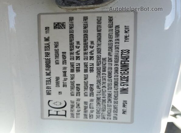 5YJ3E1EA0MF848733 2021 TESLA MODEL White 