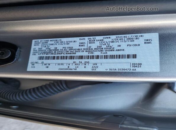 1FTFW1RG3NFC44650 2022 FORD F150 Silver Vista de la etiqueta del VIN